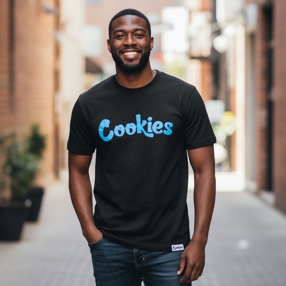 Black T-Shirt with Blue Cookies Logo